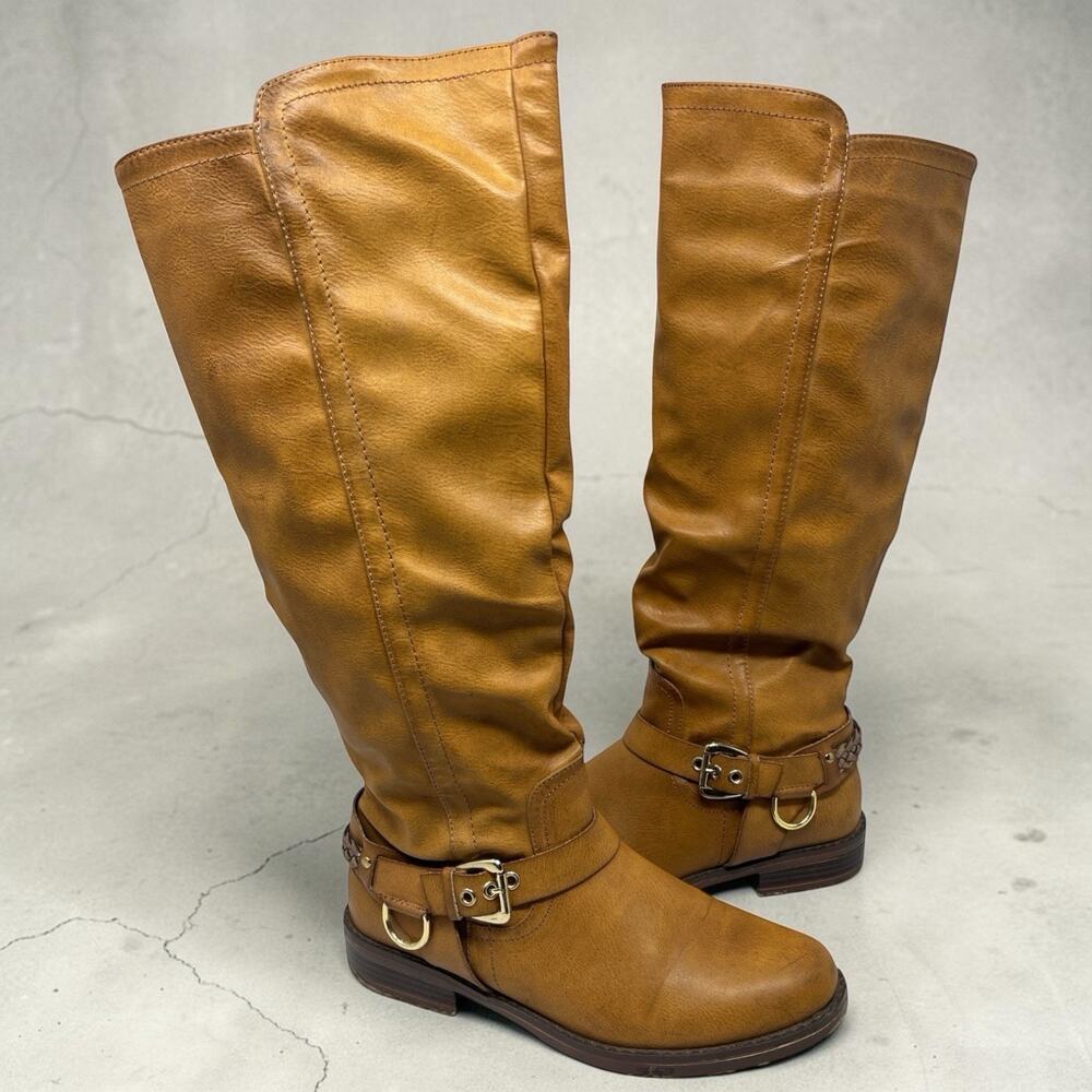 XOXO Mauricia Cognac Tall Riding Boots Braided Buckle Zip Women’s 7.5